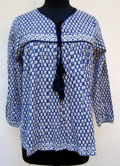 blue and white indian printed blouse for women