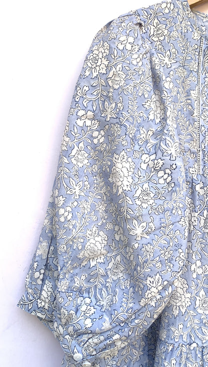 Light Blue Floral Hand Block Printed Cotton Short Dress – Puff Sleeve Boho Summer Dress