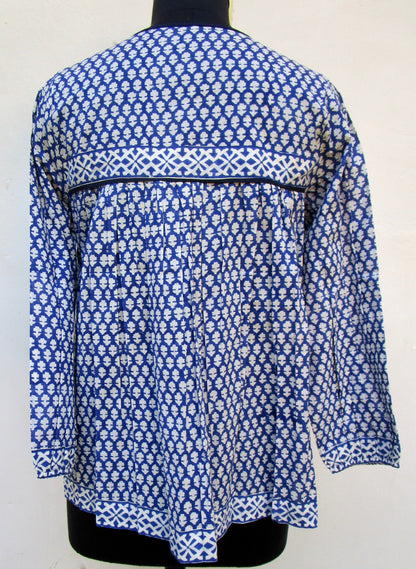blue and white indian printed blouse for women