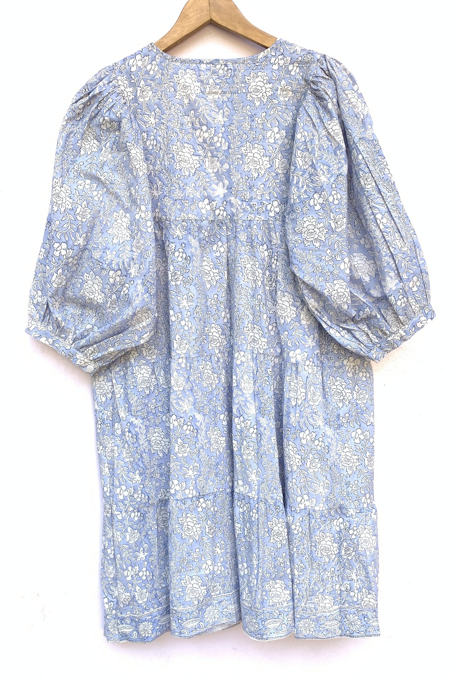 Light Blue Floral Hand Block Printed Cotton Short Dress – Puff Sleeve Boho Summer Dress