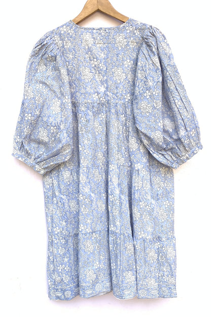 Light Blue Floral Hand Block Printed Cotton Short Dress – Puff Sleeve Boho Summer Dress