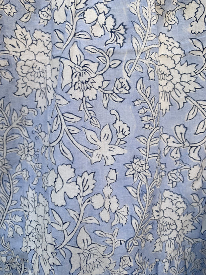 Light Blue Floral Hand Block Printed Cotton Short Dress – Puff Sleeve Boho Summer Dress