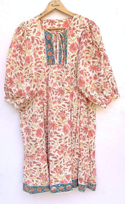 Cream Peach Floral Hand Block Printed Cotton Midi Dress – Puff Sleeve Boho Indian Dress