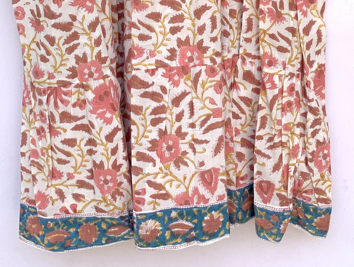 Cream Peach Floral Hand Block Printed Cotton Midi Dress – Puff Sleeve Boho Indian Dress