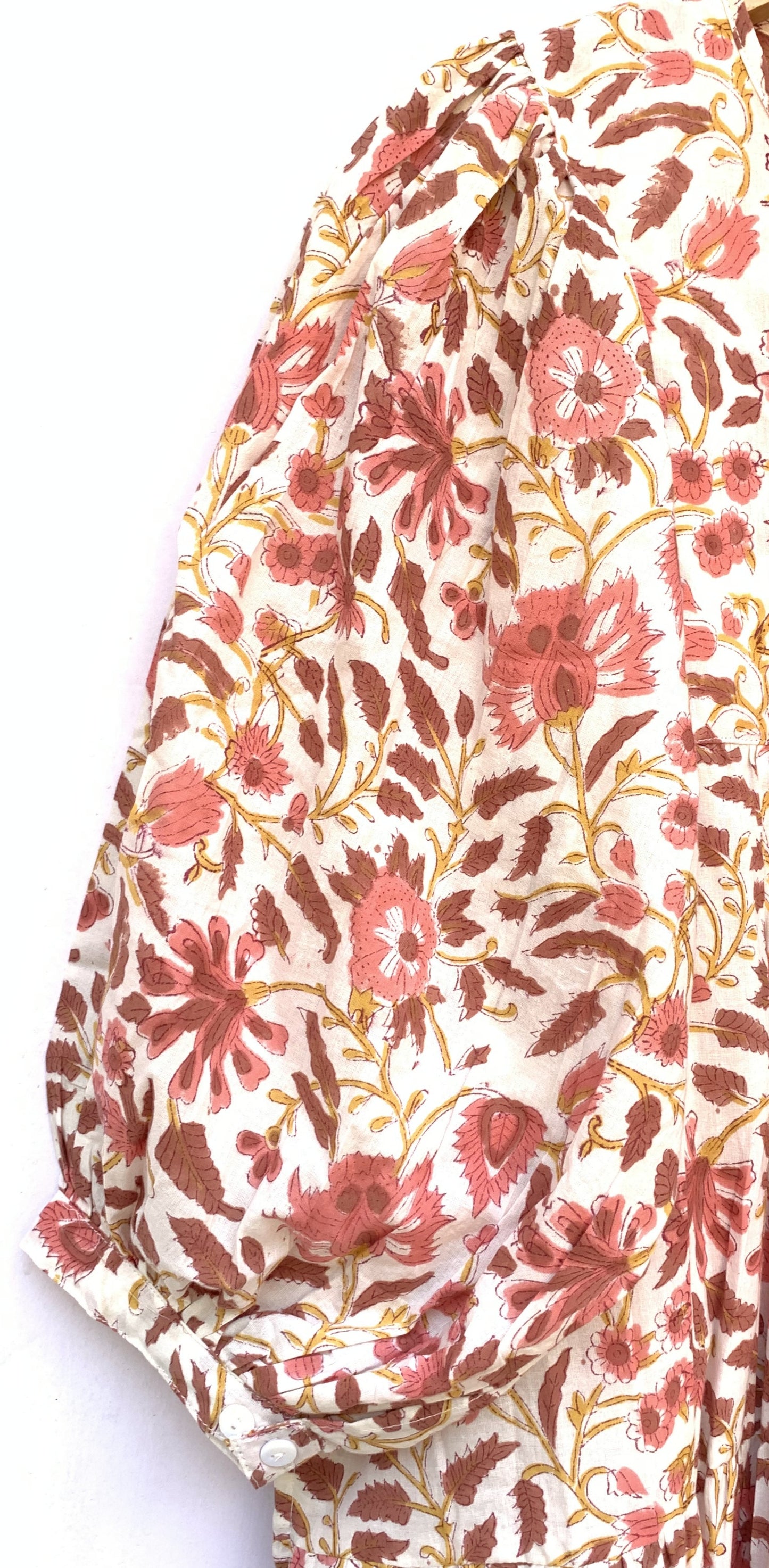 Cream Peach Floral Hand Block Printed Cotton Midi Dress – Puff Sleeve Boho Indian Dress