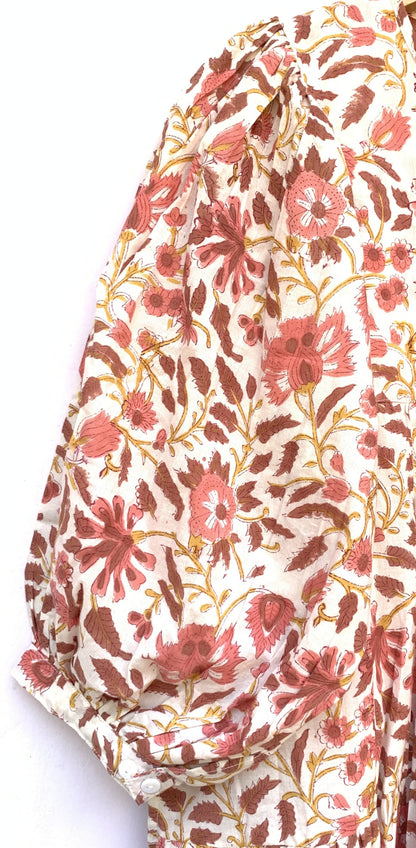 Cream Peach Floral Hand Block Printed Cotton Midi Dress – Puff Sleeve Boho Indian Dress