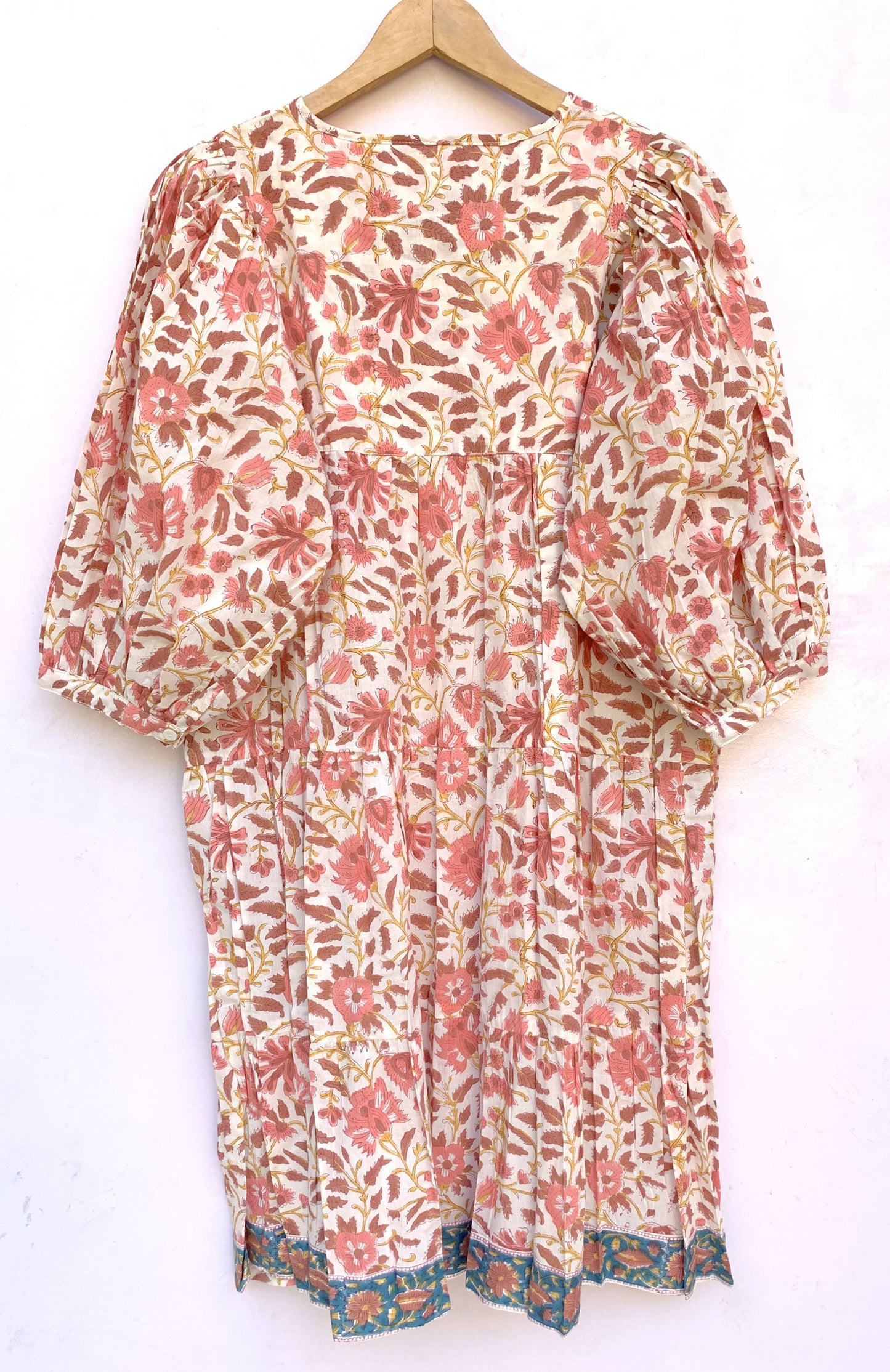 Cream Peach Floral Hand Block Printed Cotton Midi Dress – Puff Sleeve Boho Indian Dress
