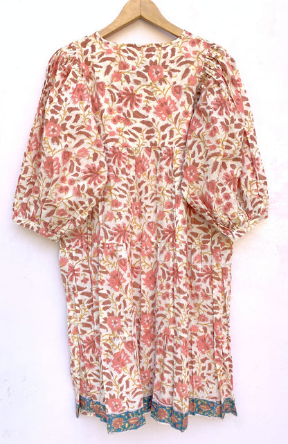 Cream Peach Floral Hand Block Printed Cotton Midi Dress – Puff Sleeve Boho Indian Dress
