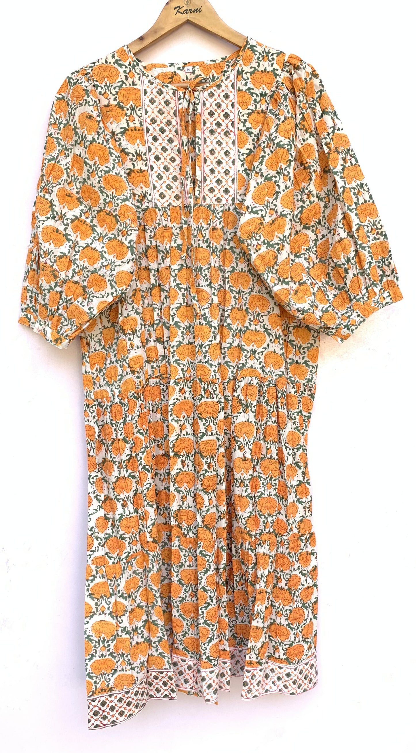 Cream Mustard Floral Hand Block Printed Cotton Midi Dress – Puff Sleeve Boho Indian Dress