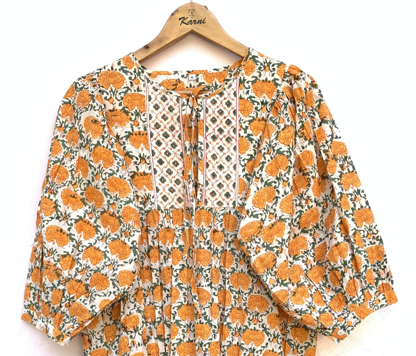 Cream Mustard Floral Hand Block Printed Cotton Midi Dress – Puff Sleeve Boho Indian Dress