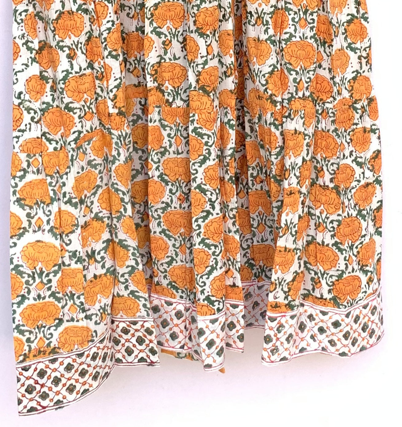 Cream Mustard Floral Hand Block Printed Cotton Midi Dress – Puff Sleeve Boho Indian Dress