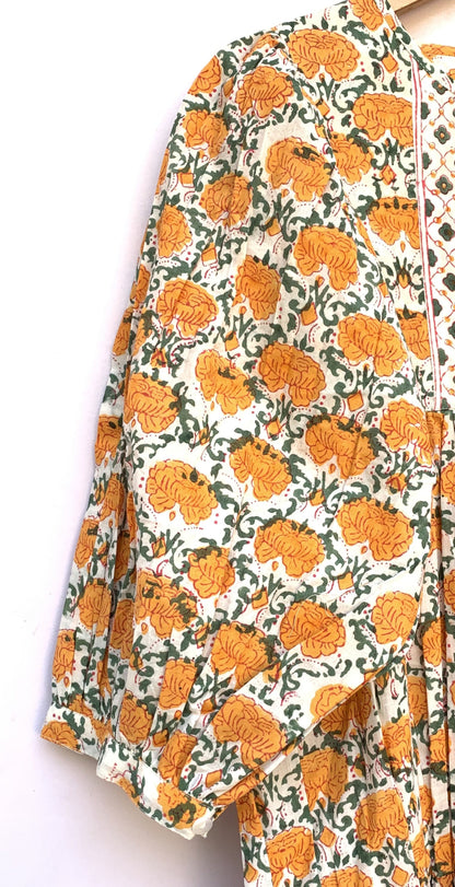 Cream Mustard Floral Hand Block Printed Cotton Midi Dress – Puff Sleeve Boho Indian Dress