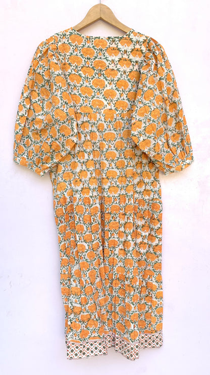 Cream Mustard Floral Hand Block Printed Cotton Midi Dress – Puff Sleeve Boho Indian Dress