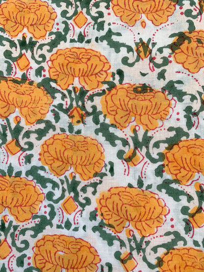 Cream Mustard Floral Hand Block Printed Cotton Midi Dress – Puff Sleeve Boho Indian Dress