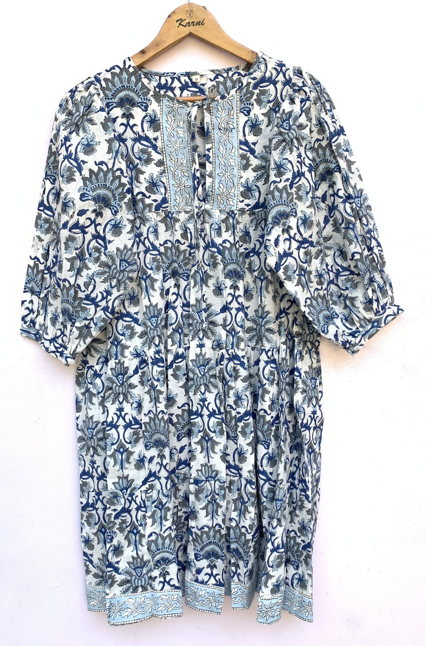 Blue Grey Floral Hand Block Printed Cotton Mini Dress – Puff Sleeve Boho Indian Dress