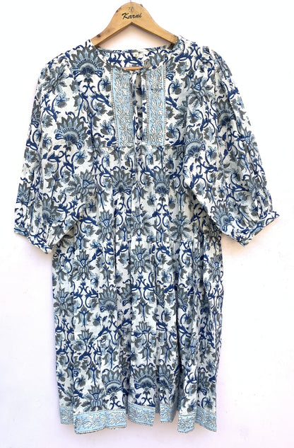 Blue Grey Floral Hand Block Printed Cotton Mini Dress – Puff Sleeve Boho Indian Dress