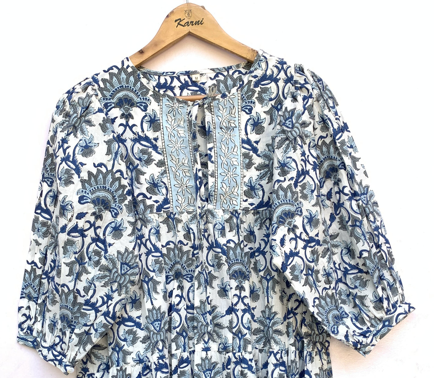 Blue Grey Floral Hand Block Printed Cotton Mini Dress – Puff Sleeve Boho Indian Dress