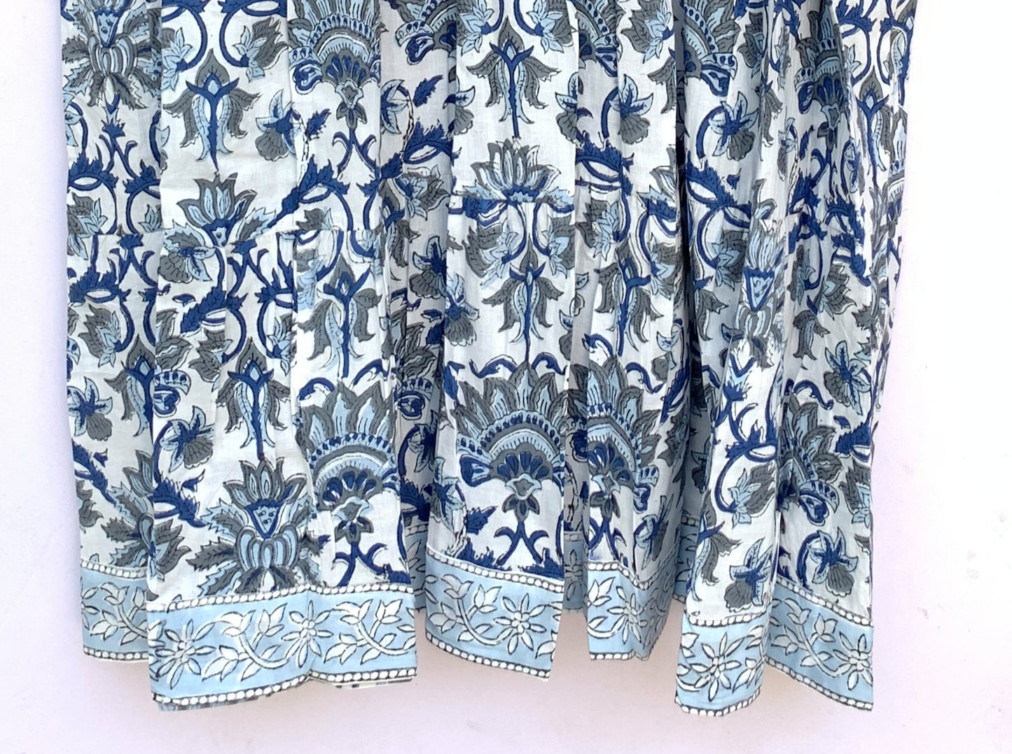 Blue Grey Floral Hand Block Printed Cotton Mini Dress – Puff Sleeve Boho Indian Dress