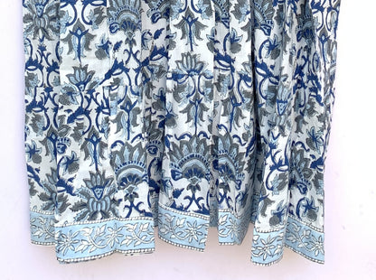Blue Grey Floral Hand Block Printed Cotton Mini Dress – Puff Sleeve Boho Indian Dress