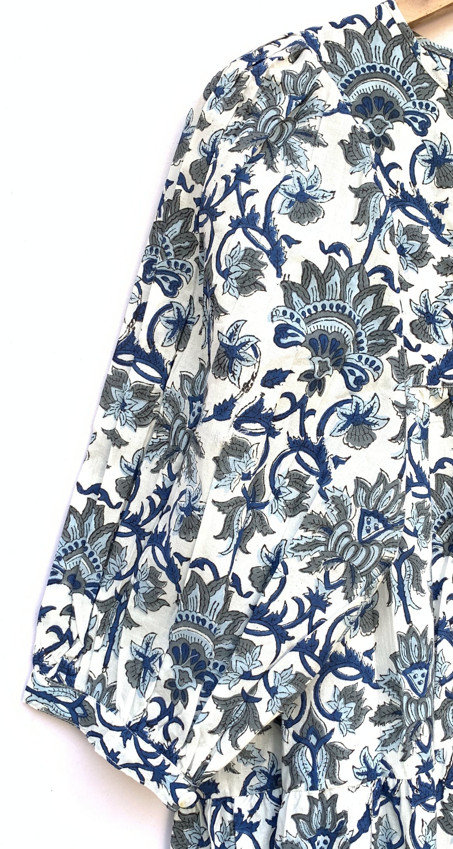 Blue Grey Floral Hand Block Printed Cotton Mini Dress – Puff Sleeve Boho Indian Dress