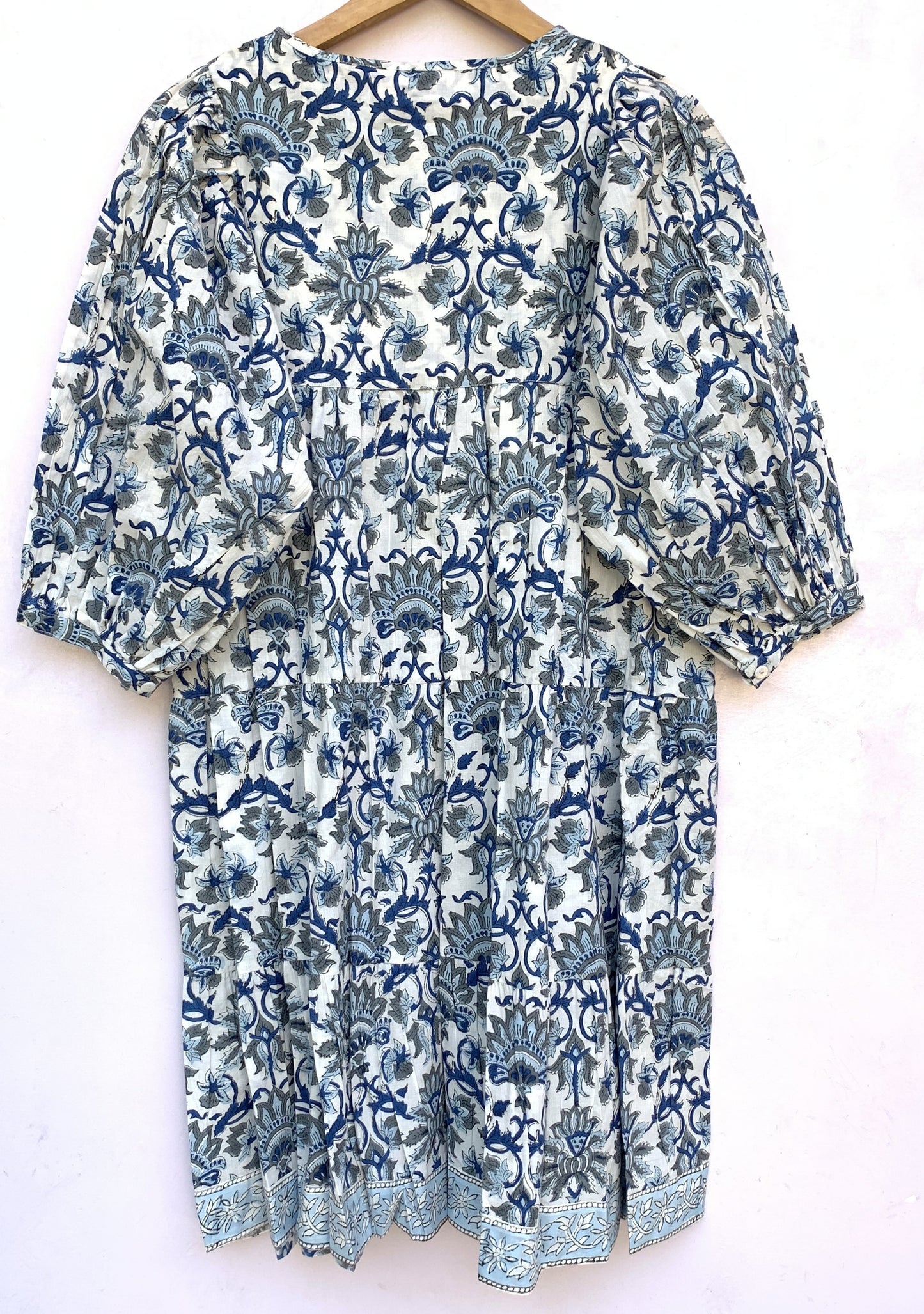 Blue Grey Floral Hand Block Printed Cotton Mini Dress – Puff Sleeve Boho Indian Dress