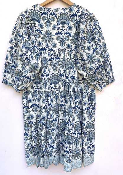 Blue Grey Floral Hand Block Printed Cotton Mini Dress – Puff Sleeve Boho Indian Dress