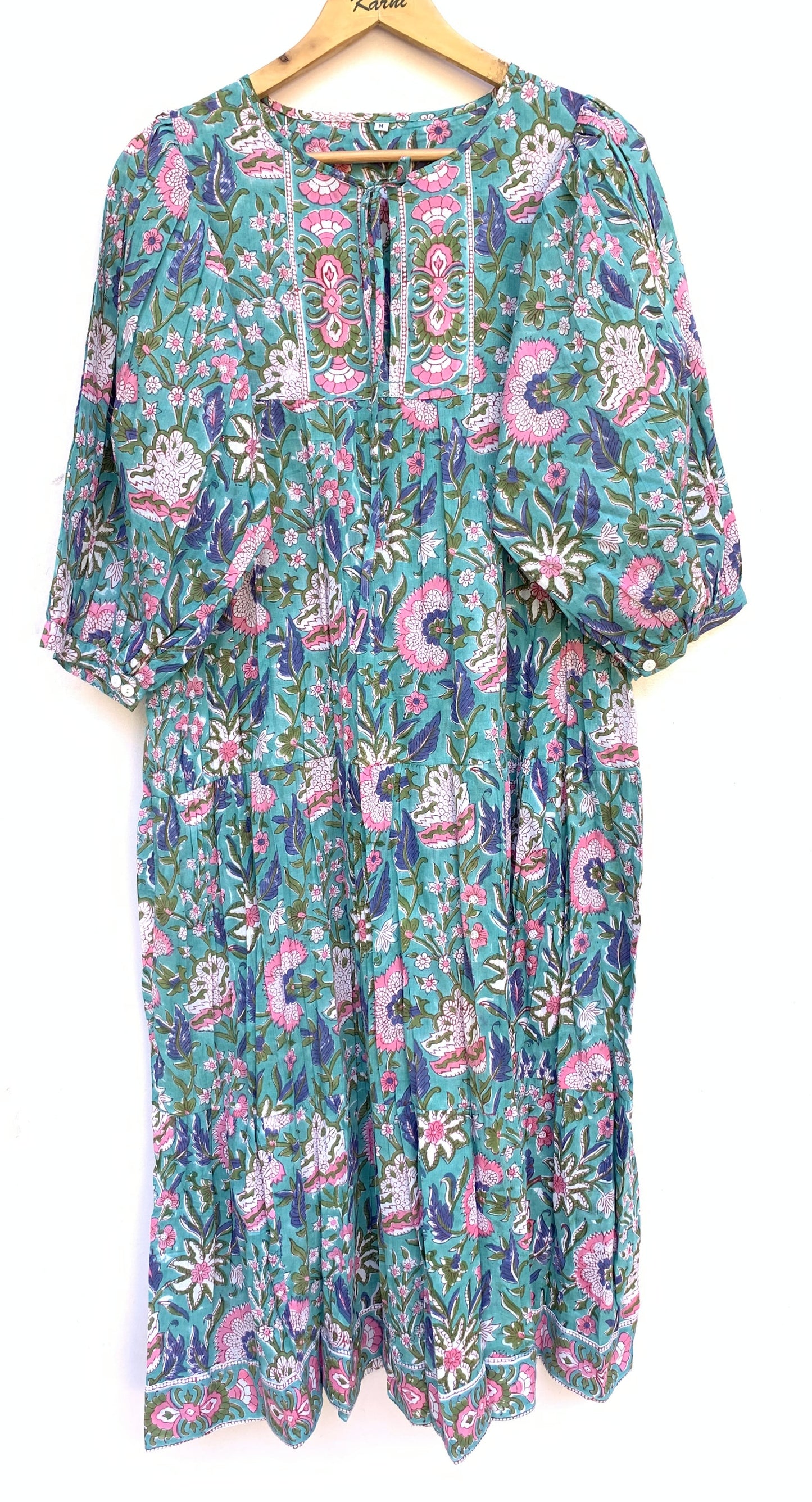 Teal Floral Hand Block Printed Cotton Midi Dress – Puff Sleeve Boho Dress