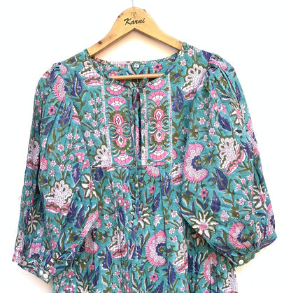 Teal Floral Hand Block Printed Cotton Midi Dress – Puff Sleeve Boho Dress
