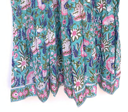 Teal Floral Hand Block Printed Cotton Midi Dress – Puff Sleeve Boho Dress