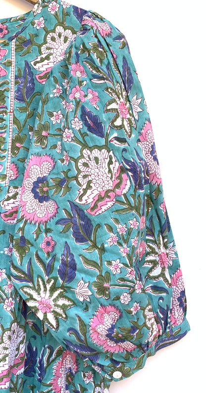 Teal Floral Hand Block Printed Cotton Midi Dress – Puff Sleeve Boho Dress