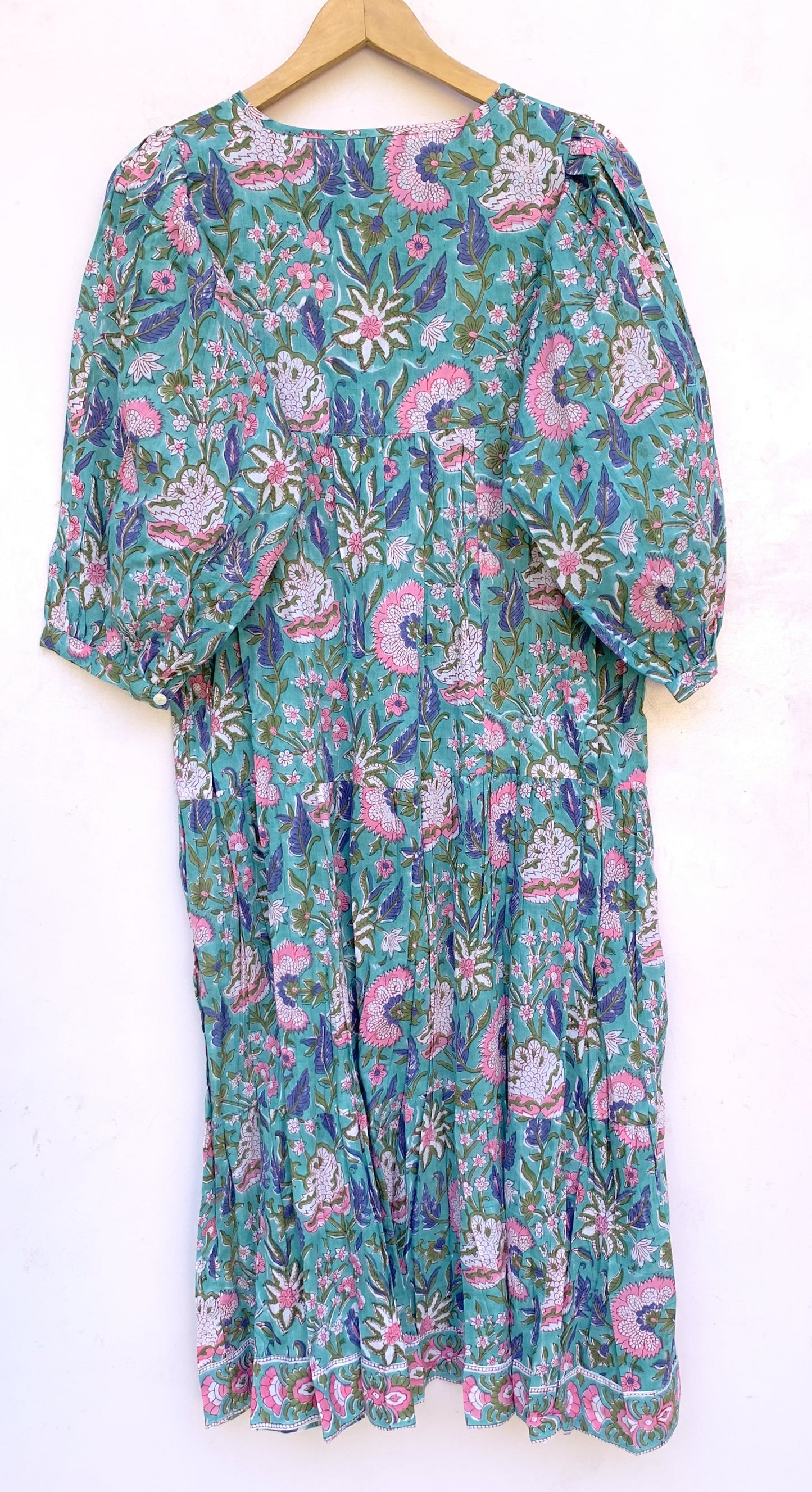 Teal Floral Hand Block Printed Cotton Midi Dress – Puff Sleeve Boho Dress