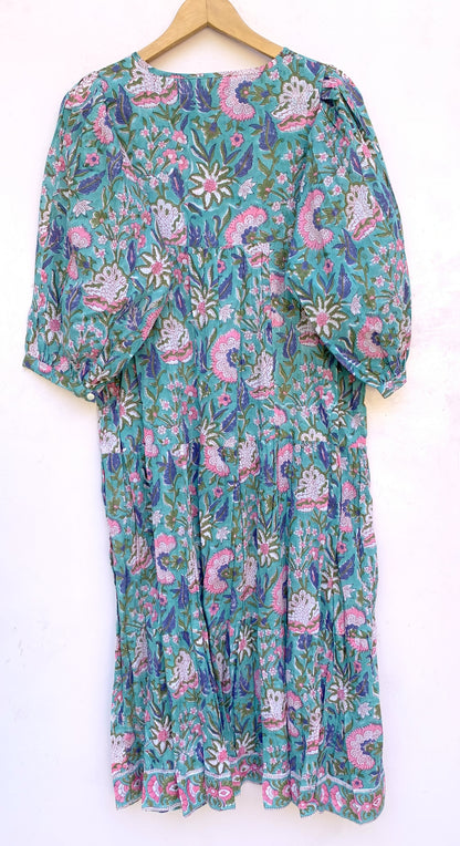 Teal Floral Hand Block Printed Cotton Midi Dress – Puff Sleeve Boho Dress