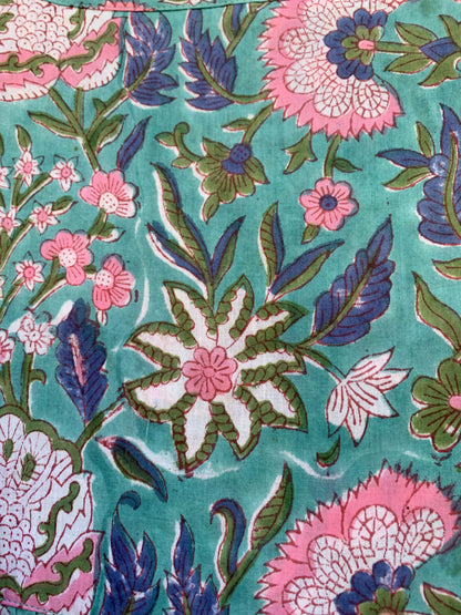 Teal Floral Hand Block Printed Cotton Midi Dress – Puff Sleeve Boho Dress