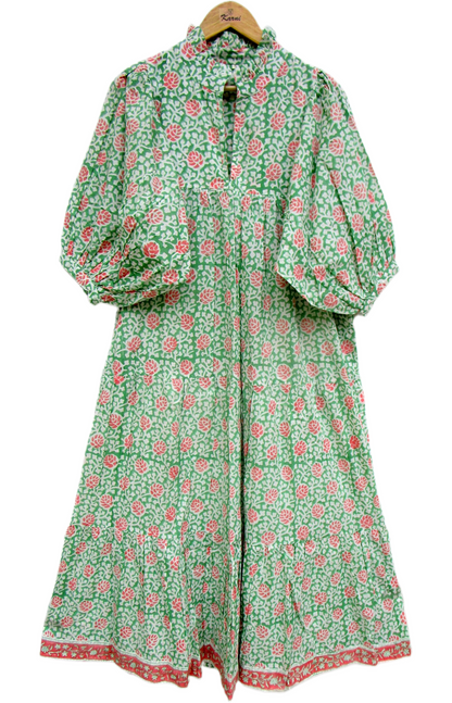 Green Coral Floral Hand Block Print Cotton Maxi Dress – Boho Puff Sleeve Tiered Summer
