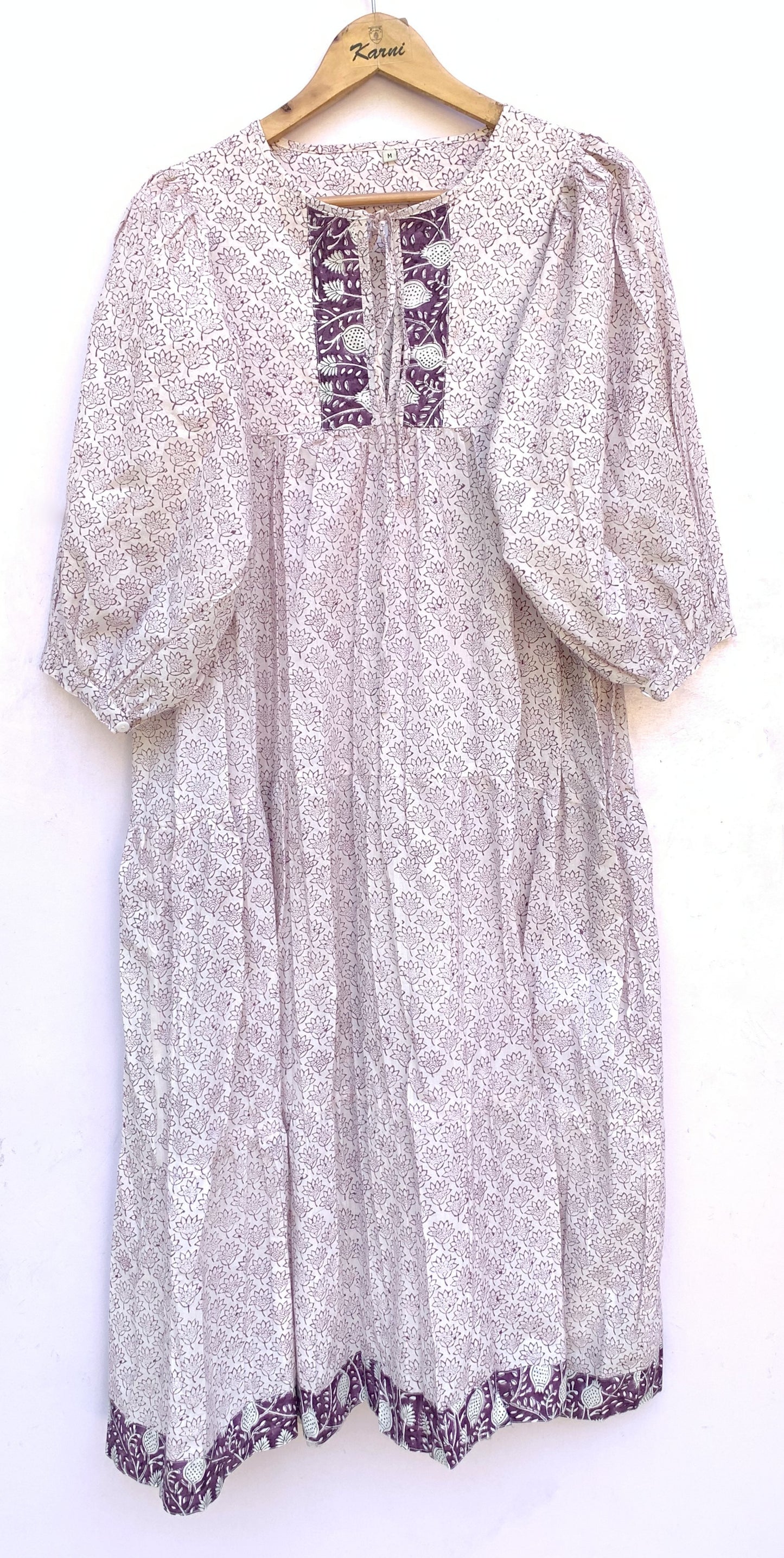 Plum Floral Hand Block Printed Cotton Midi Dress – Puff Sleeve Boho Indian Dress