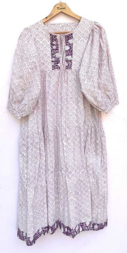 Plum Floral Hand Block Printed Cotton Midi Dress – Puff Sleeve Boho Indian Dress