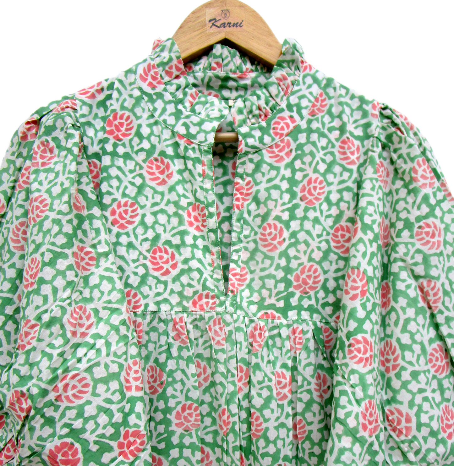 Green Coral Floral Hand Block Print Cotton Maxi Dress – Boho Puff Sleeve Tiered Summer