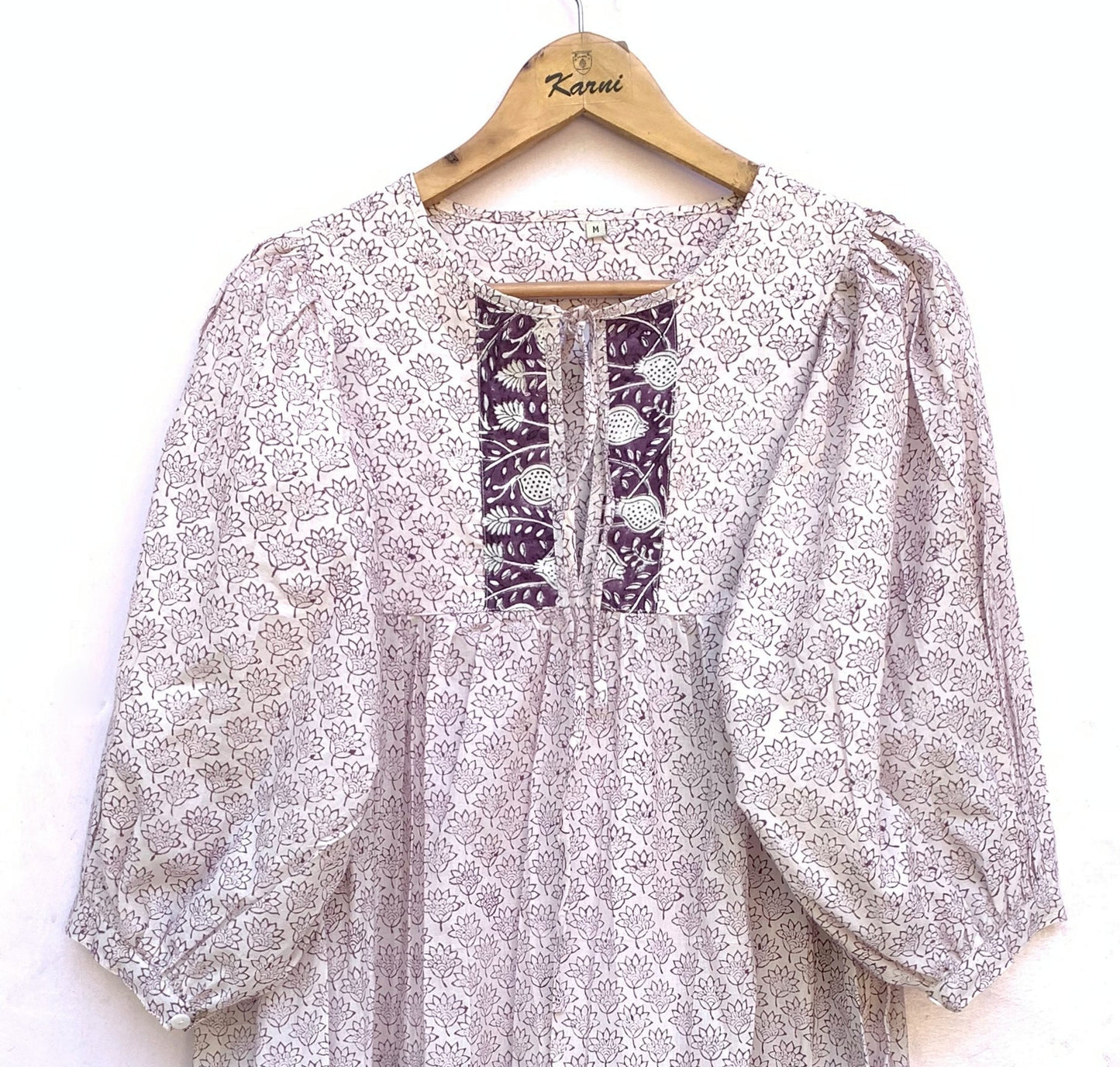 Plum Floral Hand Block Printed Cotton Midi Dress – Puff Sleeve Boho Indian Dress