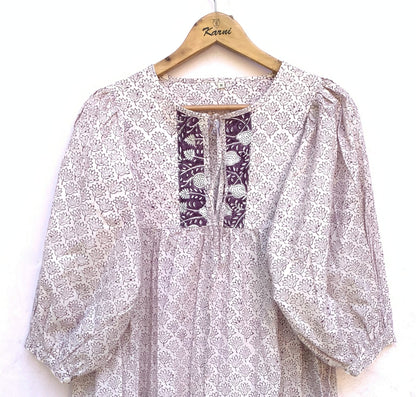 Plum Floral Hand Block Printed Cotton Midi Dress – Puff Sleeve Boho Indian Dress