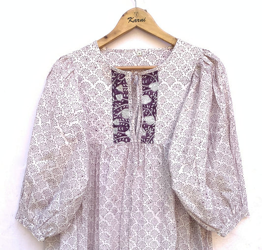 Plum Floral Hand Block Printed Cotton Midi Dress – Puff Sleeve Boho Indian Dress
