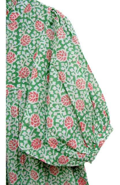 Green Coral Floral Hand Block Print Cotton Maxi Dress – Boho Puff Sleeve Tiered Summer