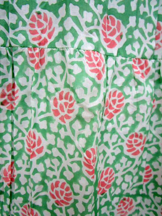 Green Coral Floral Hand Block Print Cotton Maxi Dress – Boho Puff Sleeve Tiered Summer