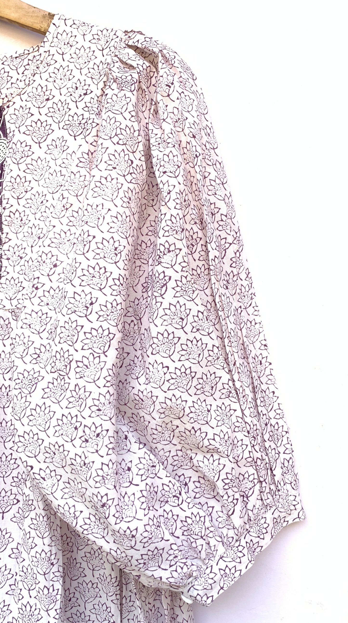 Plum Floral Hand Block Printed Cotton Midi Dress – Puff Sleeve Boho Indian Dress