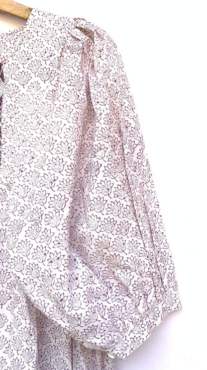 Plum Floral Hand Block Printed Cotton Midi Dress – Puff Sleeve Boho Indian Dress