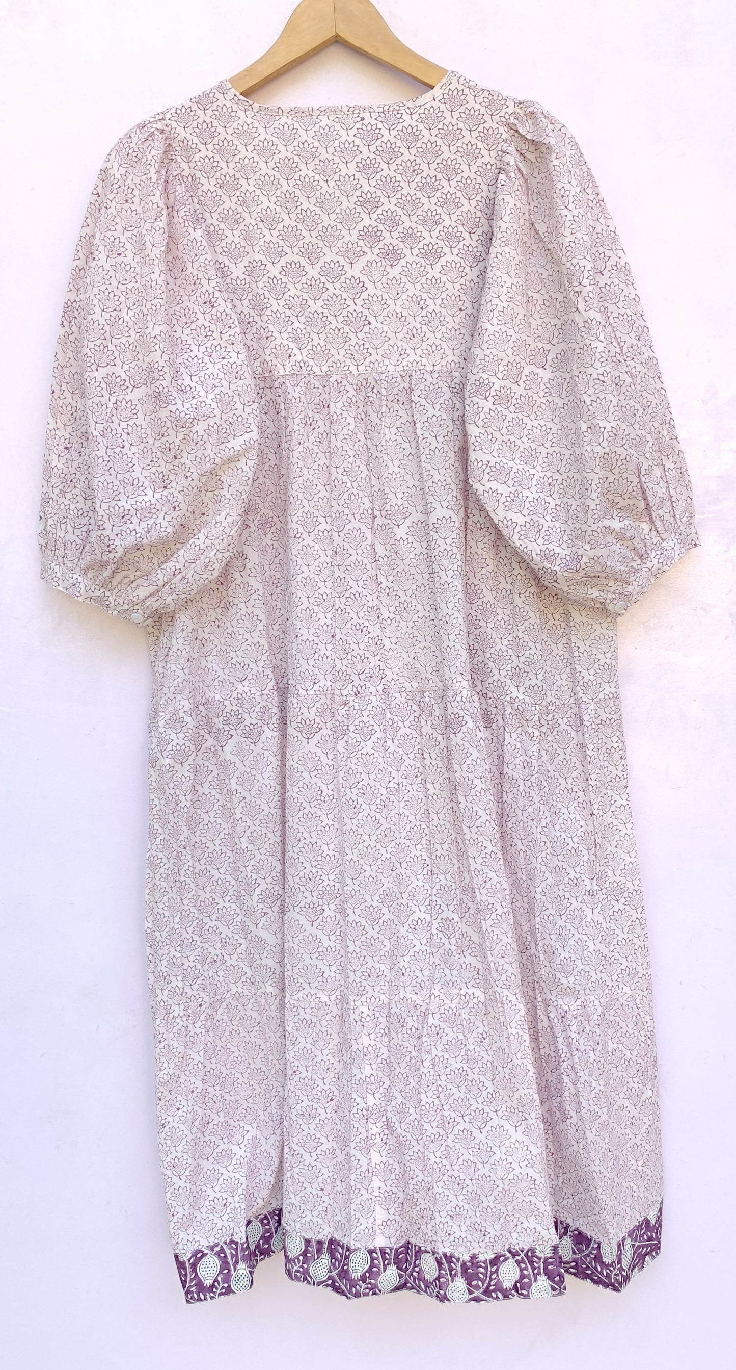 Plum Floral Hand Block Printed Cotton Midi Dress – Puff Sleeve Boho Indian Dress
