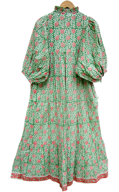 Green Coral Floral Hand Block Print Cotton Maxi Dress – Boho Puff Sleeve Tiered Summer