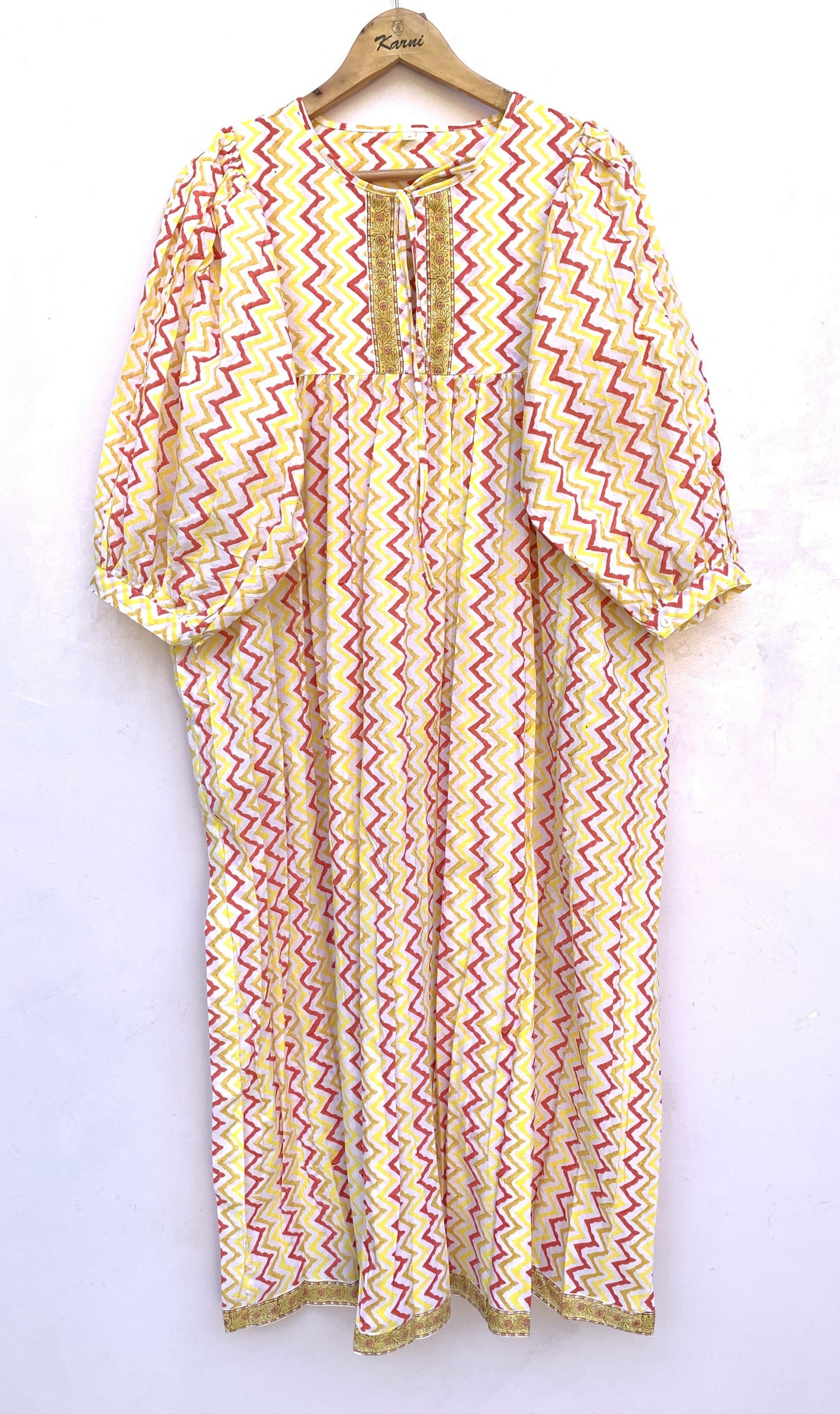 Yellow Zigzag Hand Block Printed Cotton Midi Dress – Puff Sleeve Boho Indian Dress