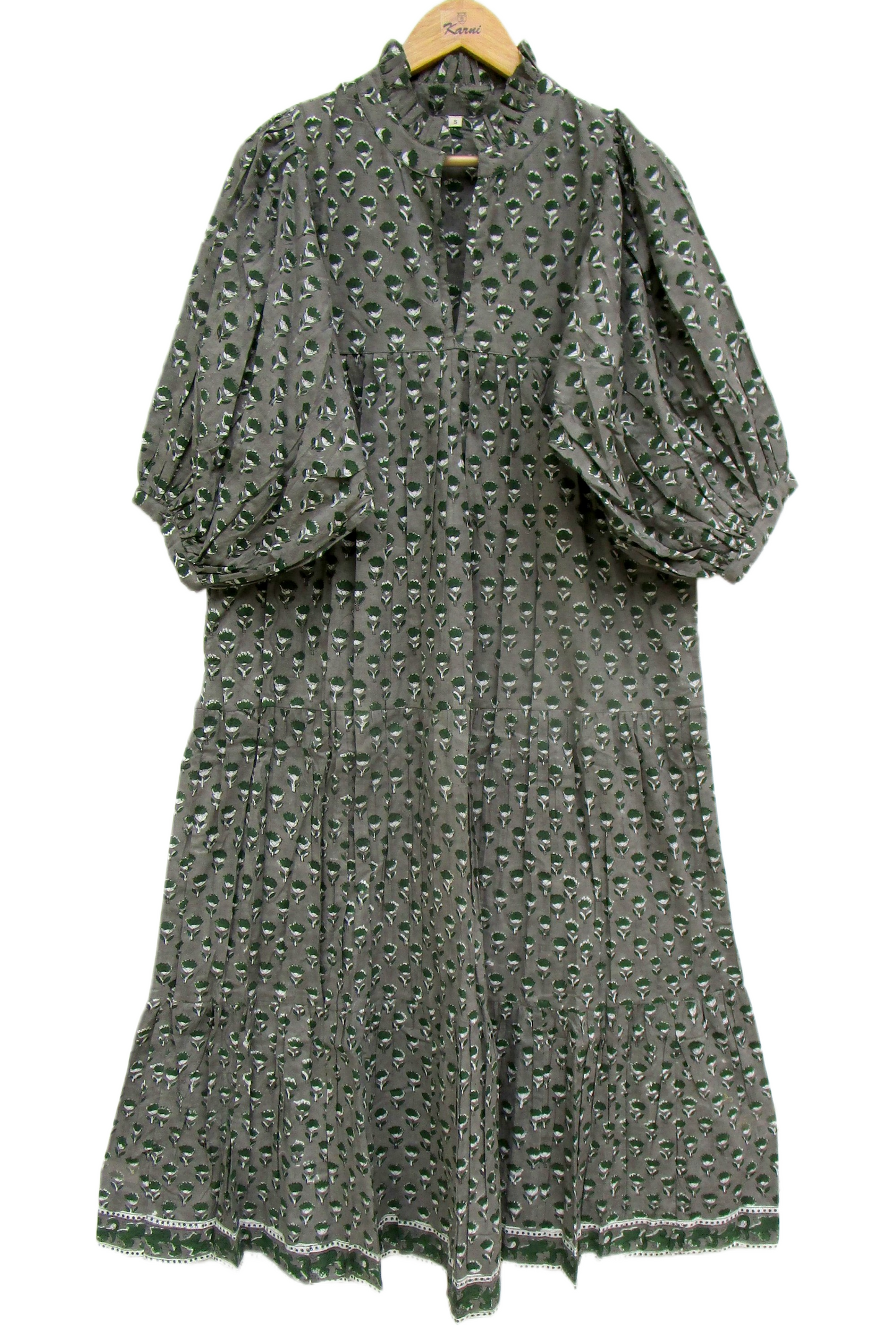 Olive Green Floral Hand Block Print Cotton Maxi Dress – Boho Puff Sleeve Tiered Summer Dress