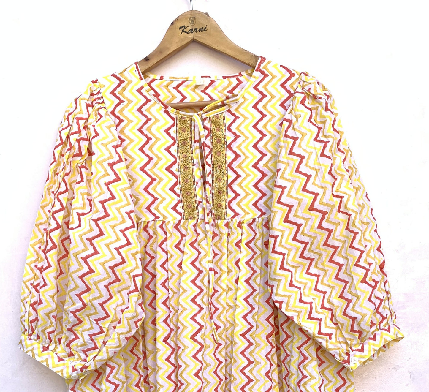Yellow Zigzag Hand Block Printed Cotton Midi Dress – Puff Sleeve Boho Indian Dress