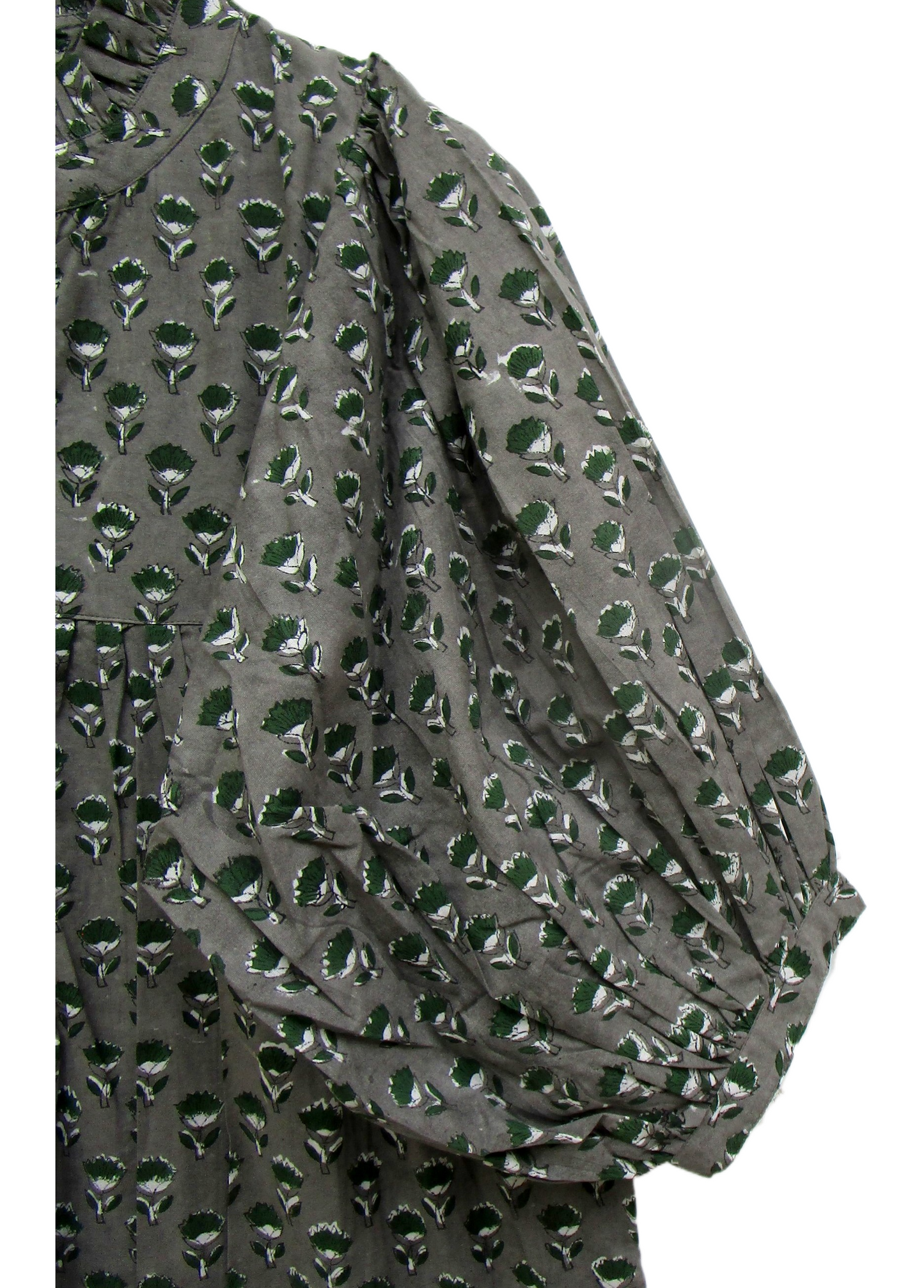 Olive Green Floral Hand Block Print Cotton Maxi Dress – Boho Puff Sleeve Tiered Summer Dress